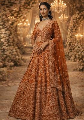Burnt Orange Embroidered&nbsp; Bridal Lehenga Set