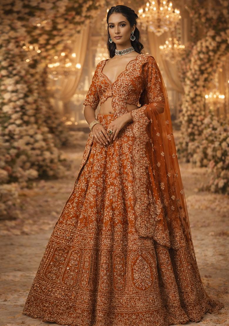 Burnt Orange Embroidered&nbsp; Bridal Lehenga Set - Indya
