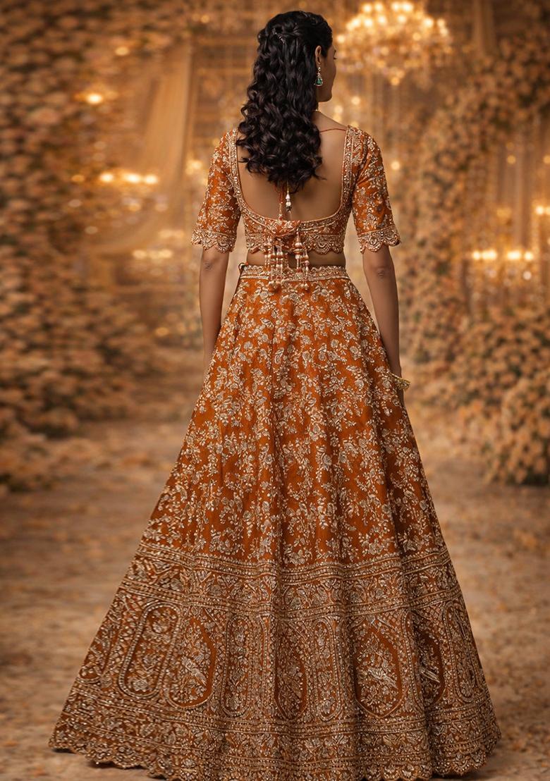 Burnt Orange Embroidered&nbsp; Bridal Lehenga Set - Indya
