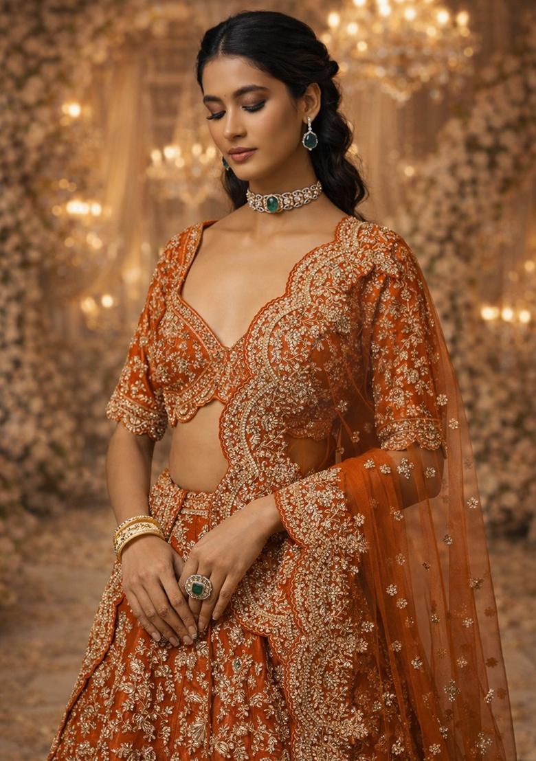 Burnt Orange Embroidered&nbsp; Bridal Lehenga Set - Indya