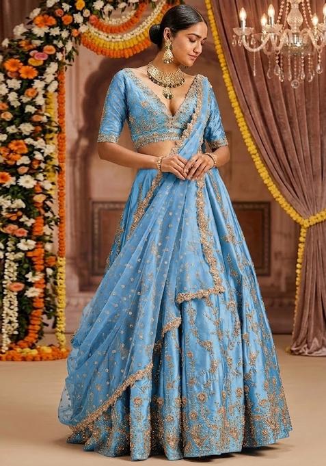Royal Blue Embroidered Bridal Lehenga Set — view on Indya