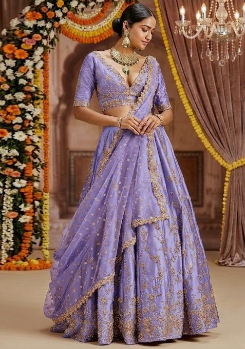Lavendar Embroidered Bridal Lehenga Set — view on Indya
