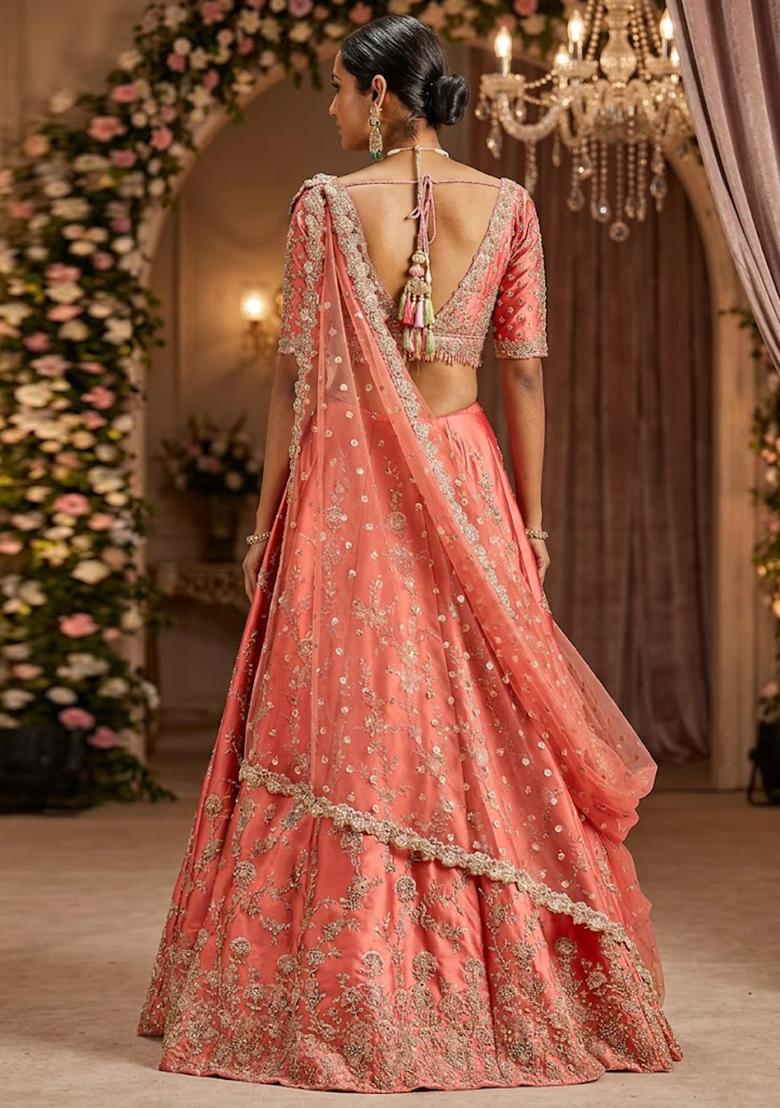 Dusty Rose Embroidered&nbsp; Bridal Lehenga Set - Indya