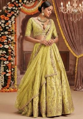 Lime Yellow Embroidered&nbsp; Bridal Lehenga Set
