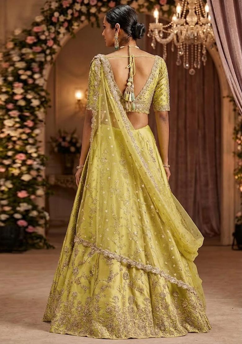 Lime Yellow Embroidered&nbsp; Bridal Lehenga Set - Indya