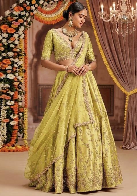 Lime Yellow Embroidered Bridal Lehenga Set — view on Indya