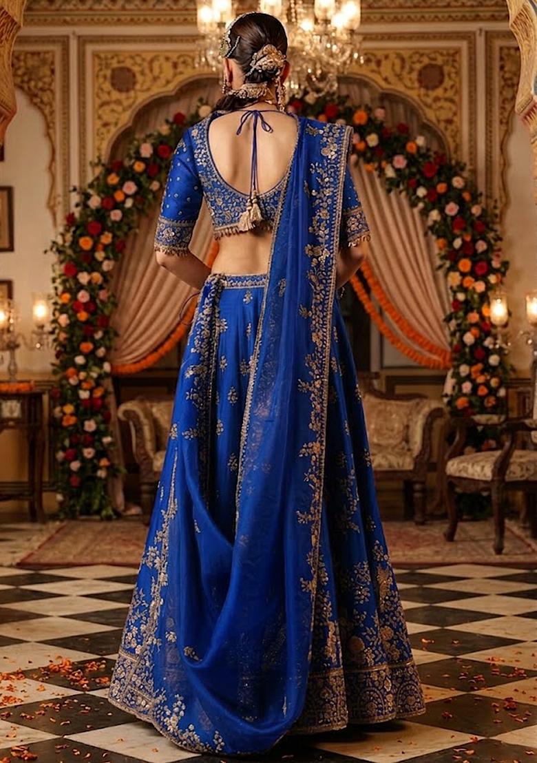 Royal Blue  Embroidered&nbsp; Bridal Lehenga Set - Indya