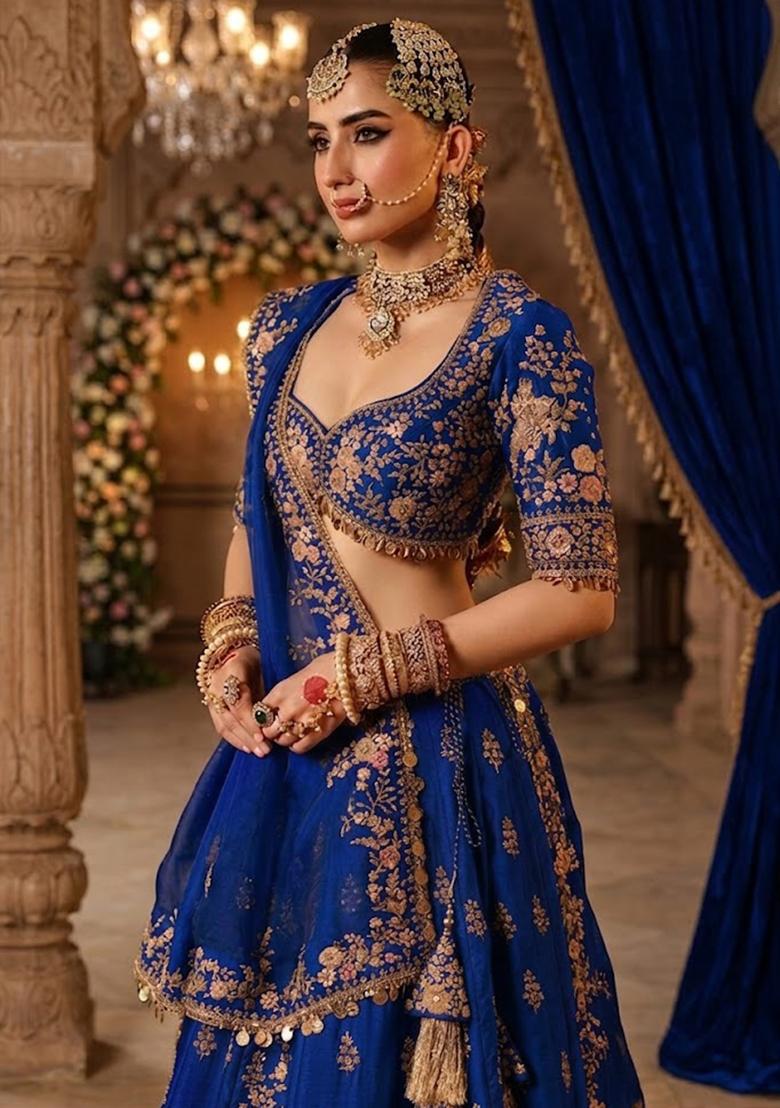 Royal Blue  Embroidered&nbsp; Bridal Lehenga Set - Indya