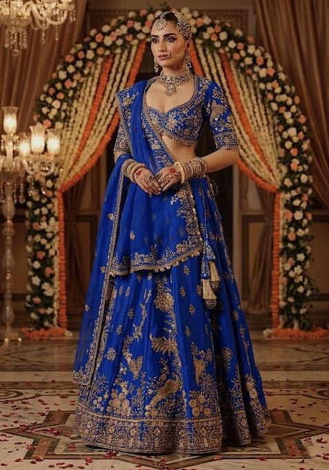 Royal Blue Embroidered Bridal Lehenga Set — view on Indya