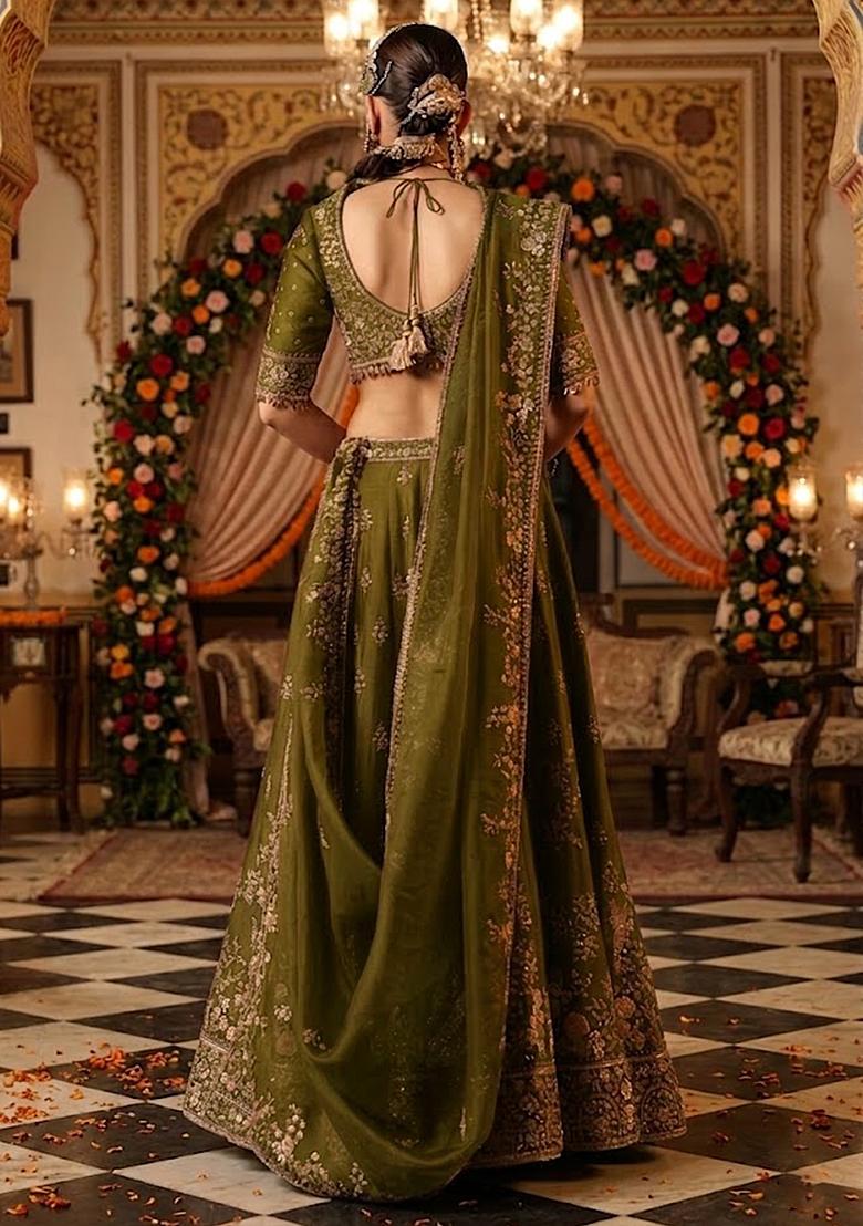 Emerald Green Embroidered&nbsp; Bridal Lehenga Set - Indya