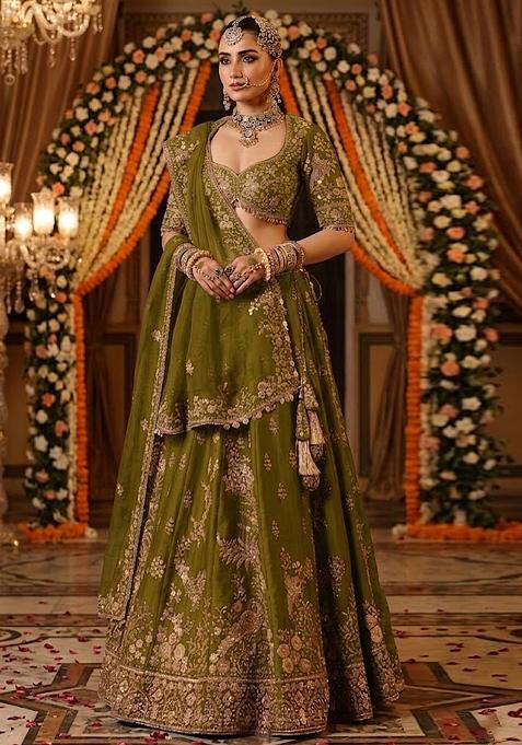 Emerald Green Embroidered Bridal Lehenga Set — view on Indya