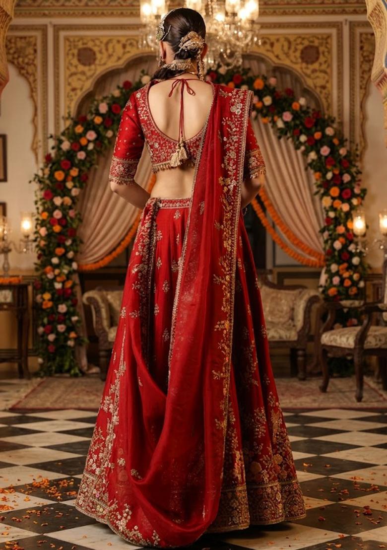 Deep Red Embroidered&nbsp; Bridal Lehenga Set - Indya