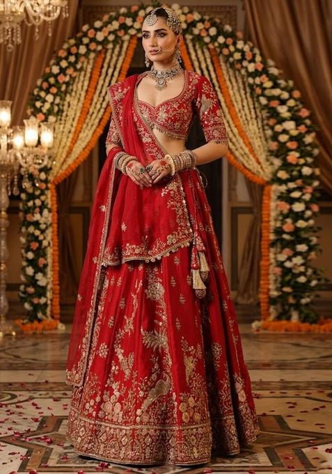 Deep Red Embroidered Bridal Lehenga Set — view on Indya