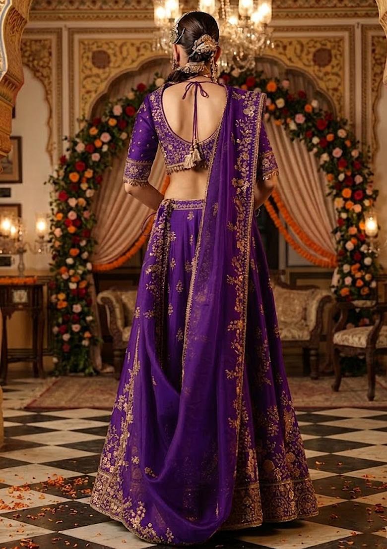 Purple Embroidered&nbsp; Bridal Lehenga Set - Indya
