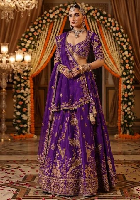 Purple Embroidered Bridal Lehenga Set — view on Indya
