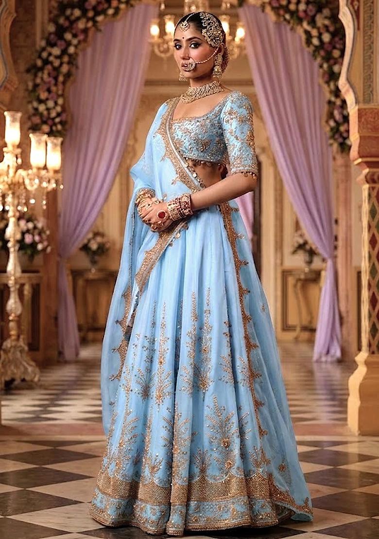 Sky Blue Embroidered&nbsp; Bridal Lehenga Set - Indya