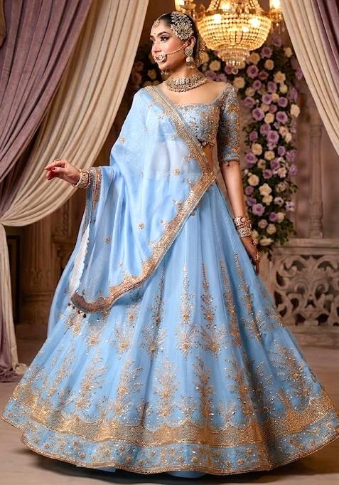 Sky Blue Embroidered Bridal Lehenga Set — view on Indya