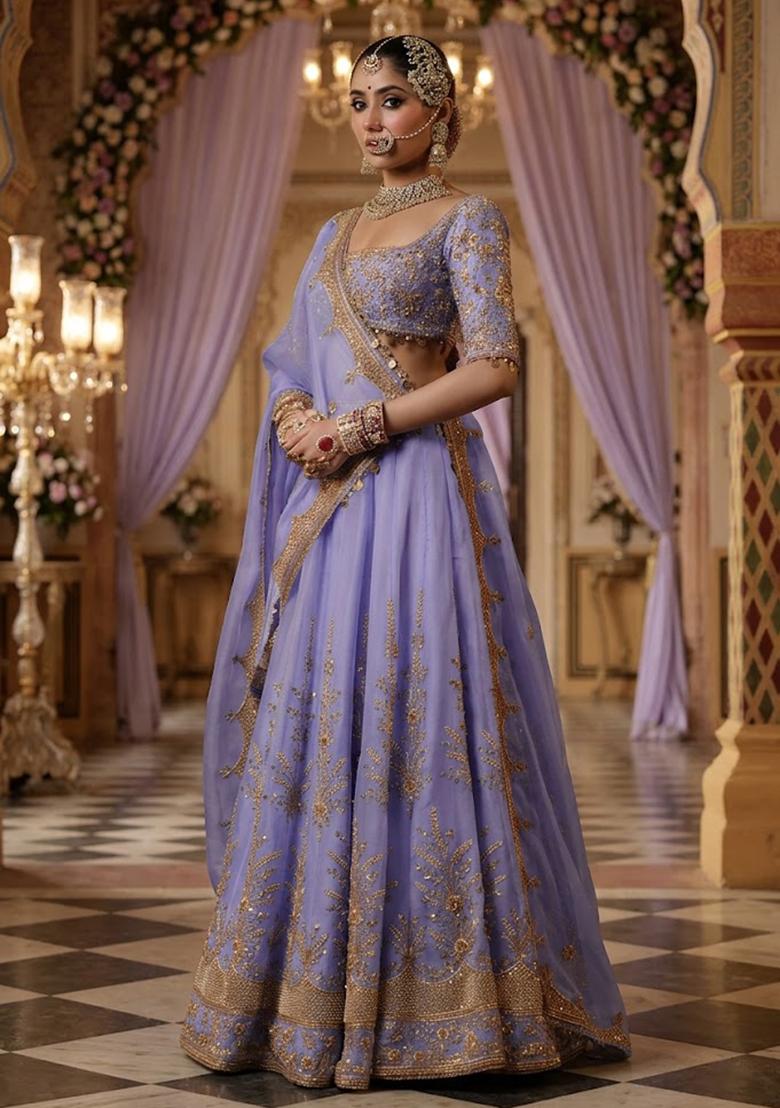 Lavendar Embroidered&nbsp; Bridal Lehenga Set - Indya