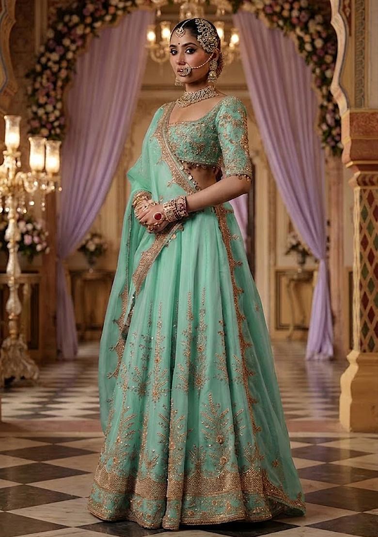 Turquoise Blue Embroidered&nbsp; Bridal Lehenga Set - Indya