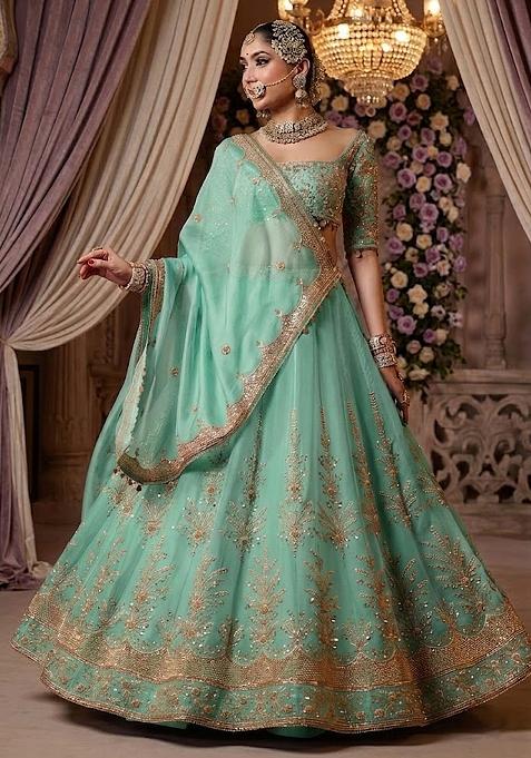 Turquoise Blue Embroidered Bridal Lehenga Set — view on Indya