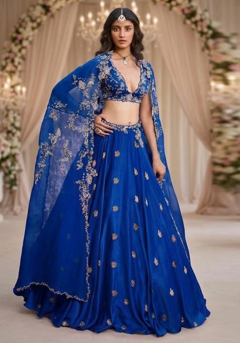 Royal Blue Embroidered Bridal Lehenga Set — view on Indya