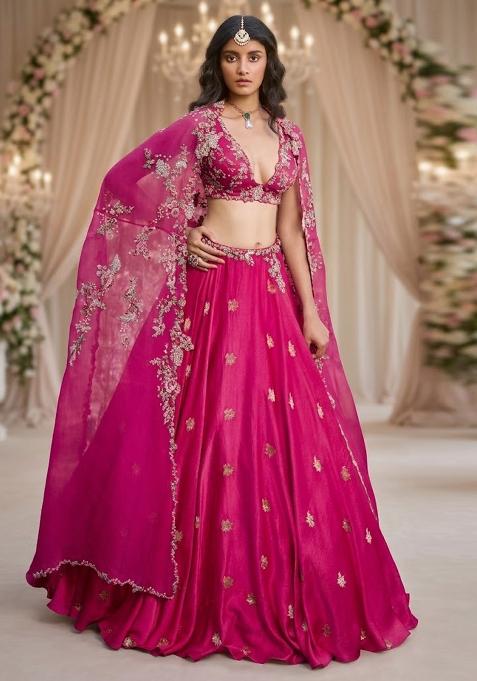 Magenta Embroidered Bridal Lehenga Set — view on Indya