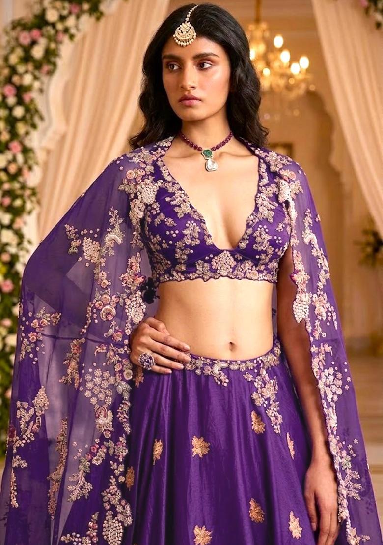 Purple Embroidered&nbsp; Bridal Lehenga Set - Indya