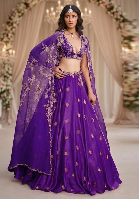 Purple Embroidered Bridal Lehenga Set — view on Indya