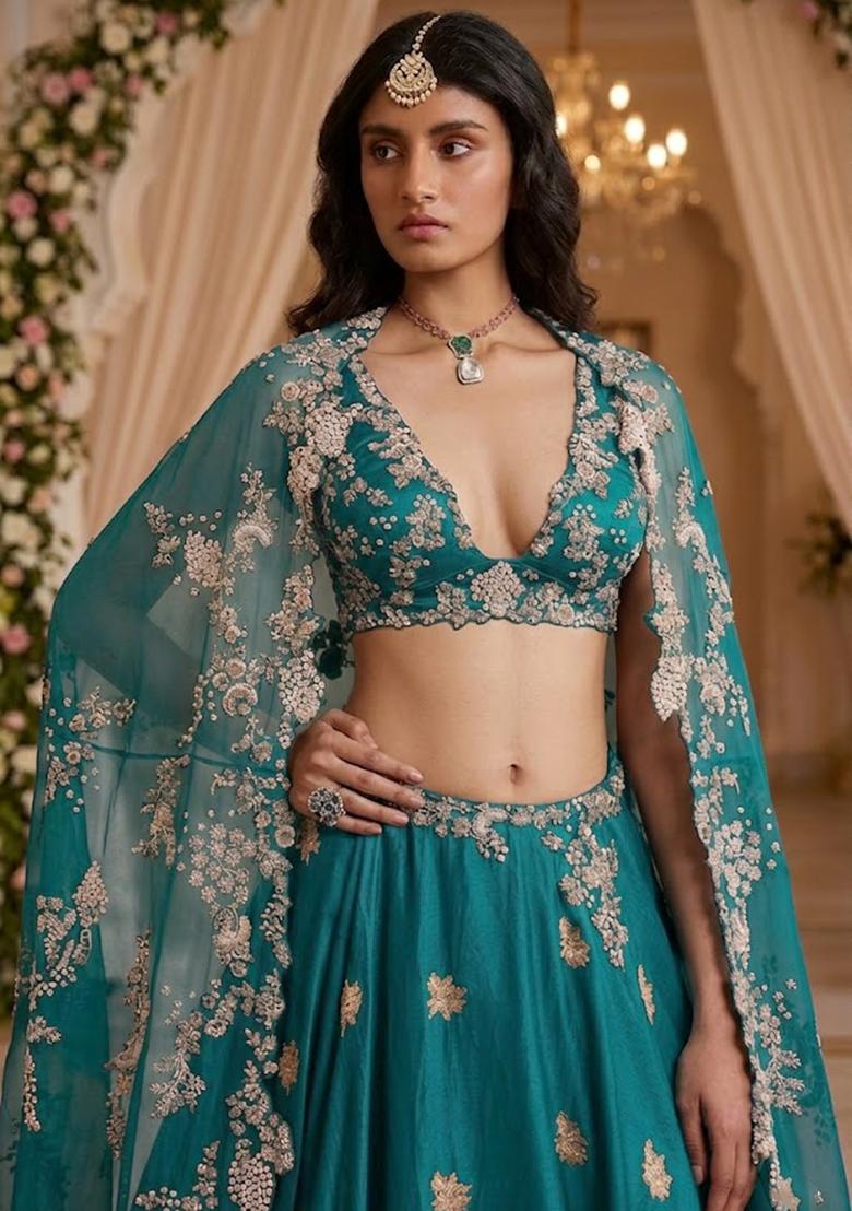 Teal Embroidered&nbsp; Bridal Lehenga Set - Indya