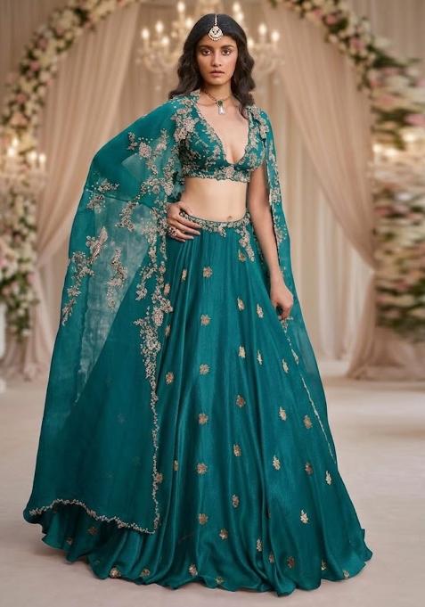 Teal Embroidered Bridal Lehenga Set — view on Indya