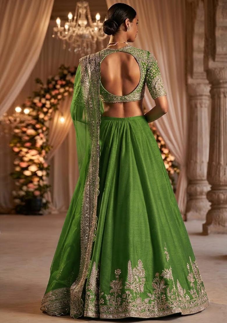Emerald Green Motif Work Bridal Lehenga Set - Indya