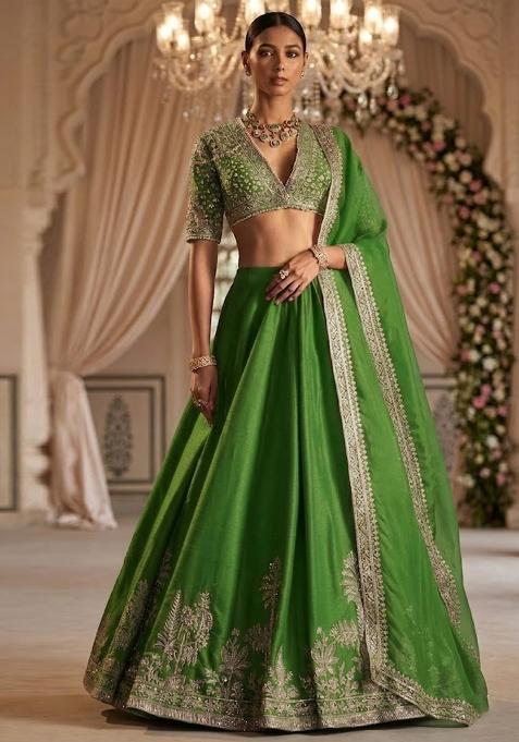 Emerald Green Motif Work Bridal Lehenga Set — view on Indya