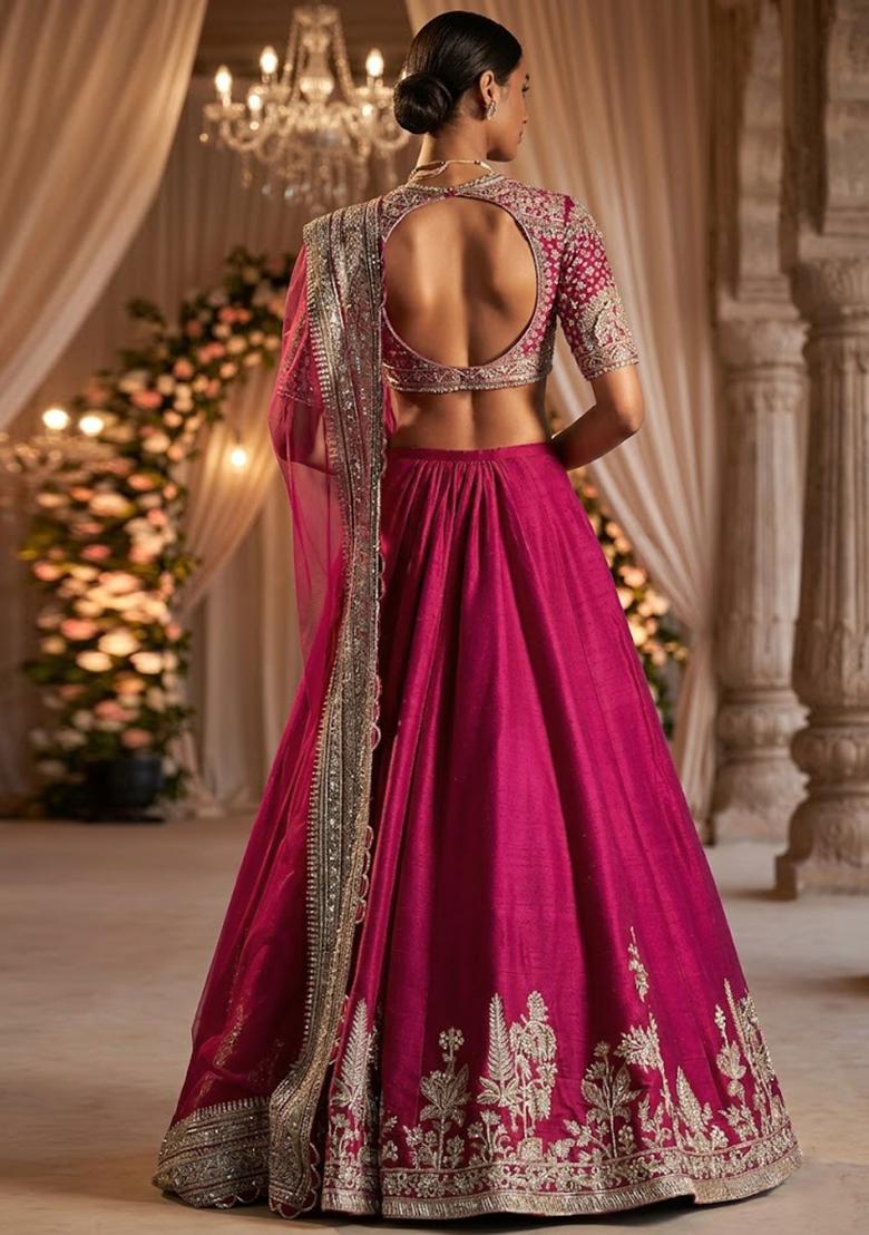Rani Pink Motif Work Bridal Lehenga Set - Indya