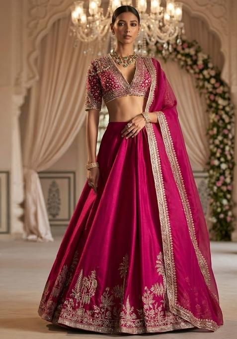 Rani Pink Motif Work Bridal Lehenga Set — view on Indya