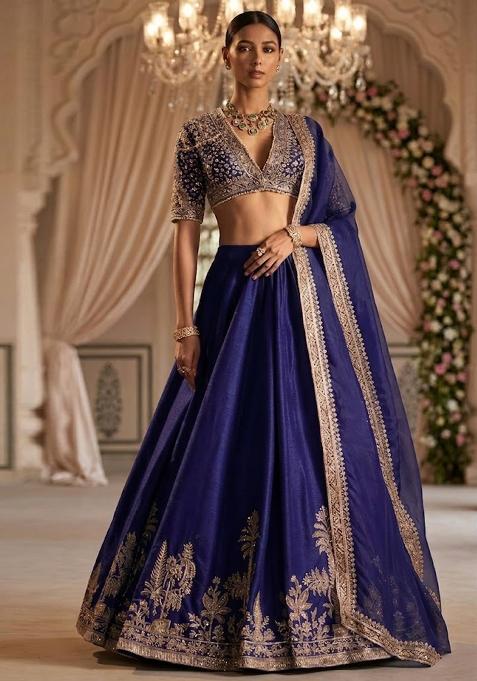 Royal Blue Motif Work Bridal Lehenga Set — view on Indya