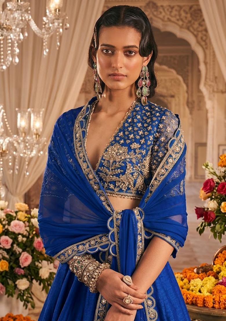 Blue Embroidered  Bridal Lehenga Set - Indya