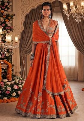 Orange Embroidered  Bridal Lehenga Set