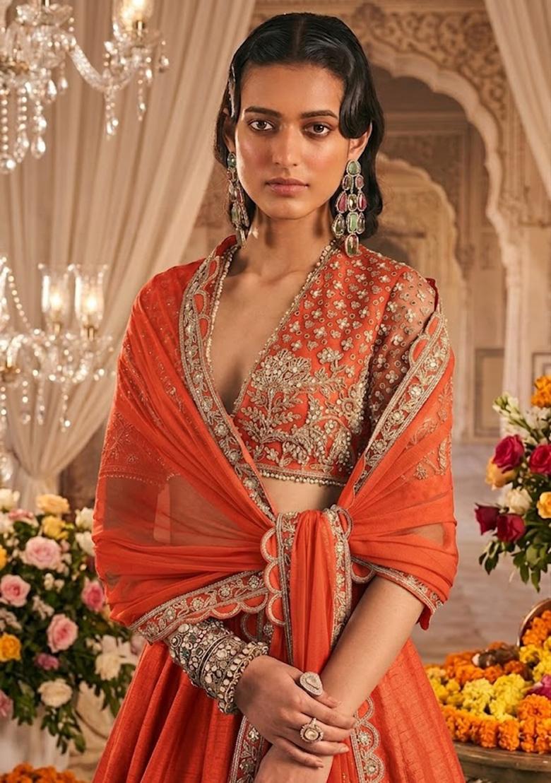 Orange Embroidered  Bridal Lehenga Set - Indya