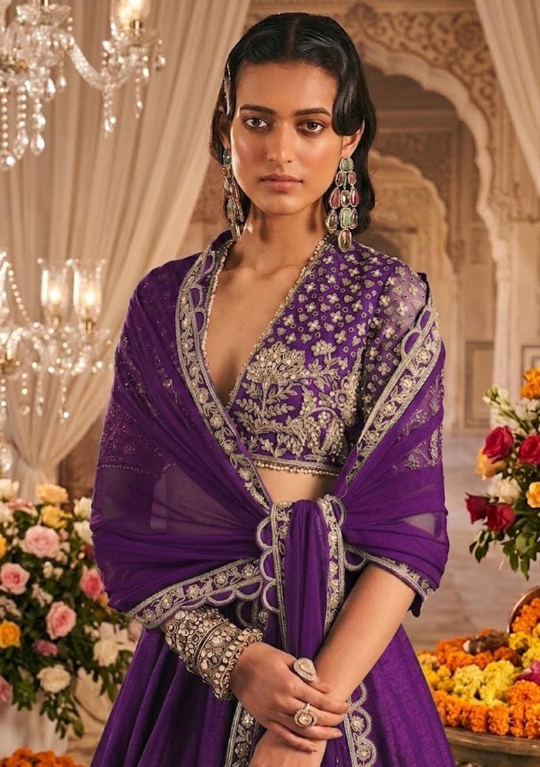 Deep Purple Embroidered  Bridal Lehenga Set - Indya