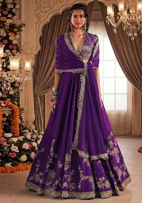 Deep Purple Embroidered Bridal Lehenga Set — view on Indya