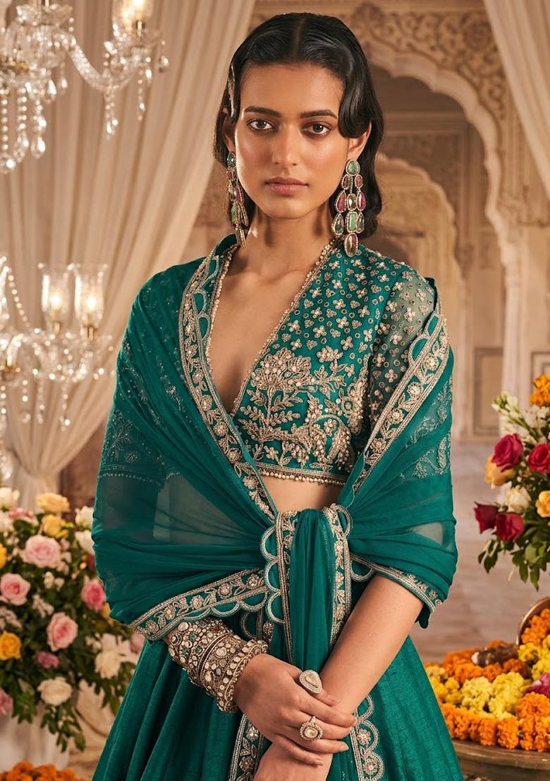 Teal Embroidered  Bridal Lehenga Set - Indya