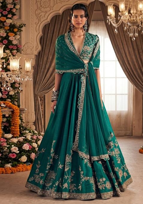 Teal Embroidered Bridal Lehenga Set — view on Indya