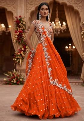 Orange Embroidered  Bridal Lehenga Set