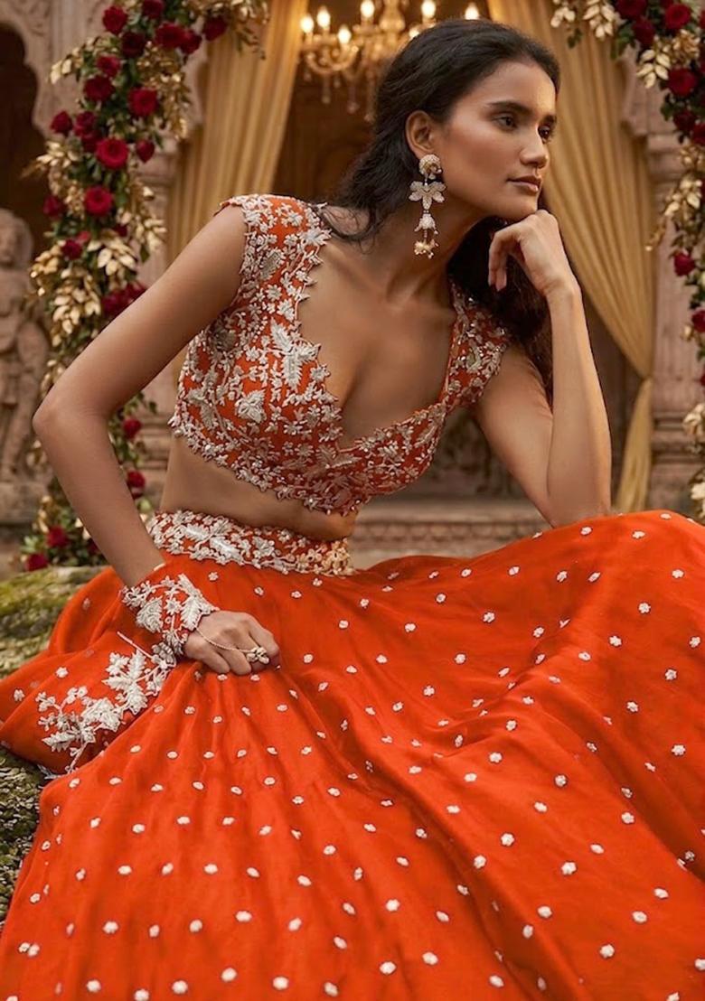Orange Embroidered  Bridal Lehenga Set - Indya