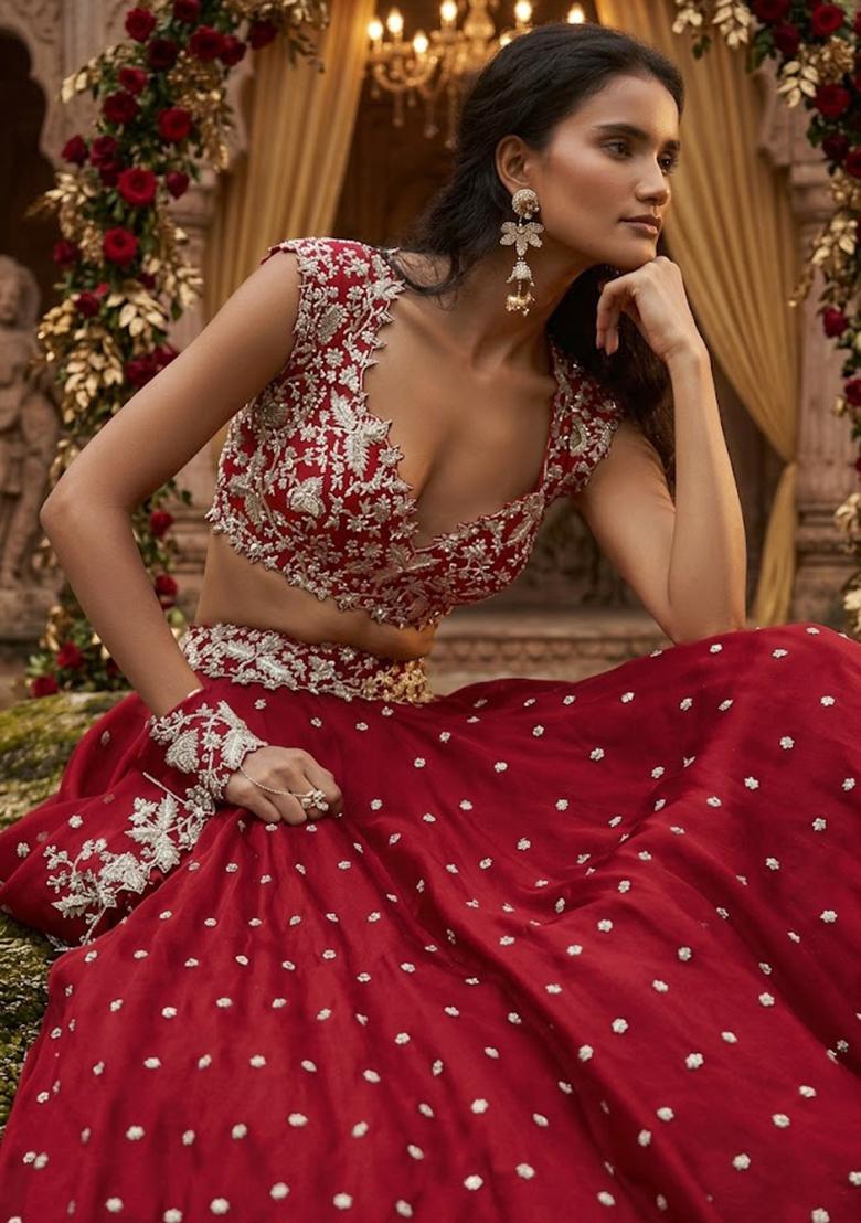 Crimson Embroidered  Bridal Lehenga Set - Indya