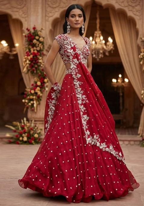 Crimson Embroidered Bridal Lehenga Set — view on Indya