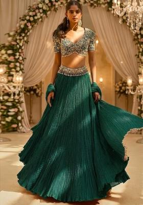 Emerald Green Embroidered  Bridal Lehenga Set