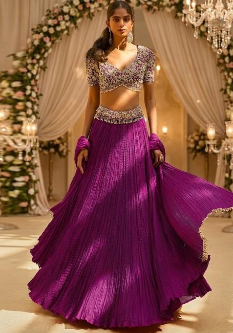 Magenta Embroidered Bridal Lehenga Set — view on Indya