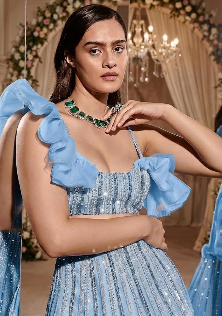 Sky Blue Embroidered  Bridal Lehenga Set - Indya