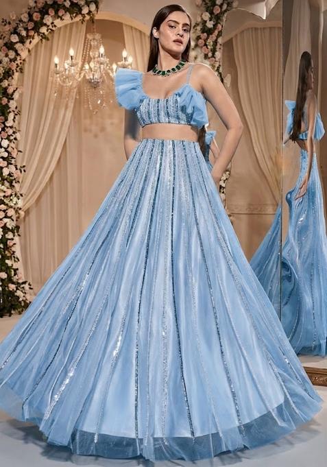 Sky Blue Embroidered Bridal Lehenga Set — view on Indya